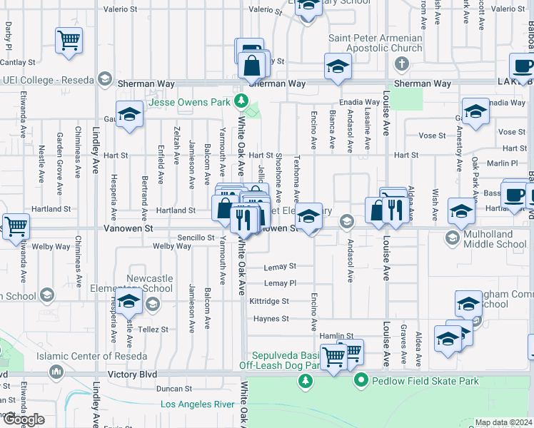map of restaurants, bars, coffee shops, grocery stores, and more near 6820 Jellico Avenue in Los Angeles