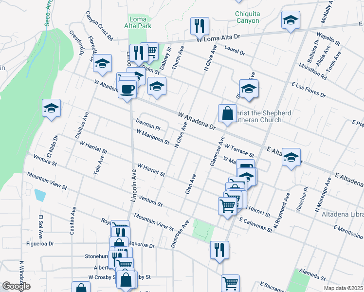 map of restaurants, bars, coffee shops, grocery stores, and more near 2840 North Olive Avenue in Altadena
