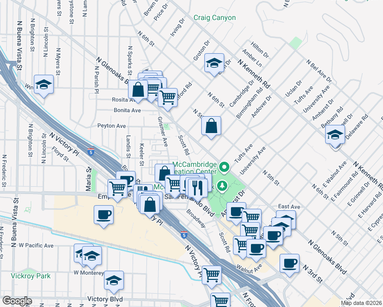 map of restaurants, bars, coffee shops, grocery stores, and more near 1720 Scott Road in Burbank