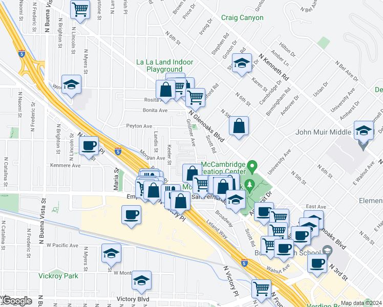 map of restaurants, bars, coffee shops, grocery stores, and more near 1723 Grismer Avenue in Burbank