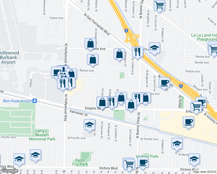 map of restaurants, bars, coffee shops, grocery stores, and more near 2305 North Niagara Street in Burbank