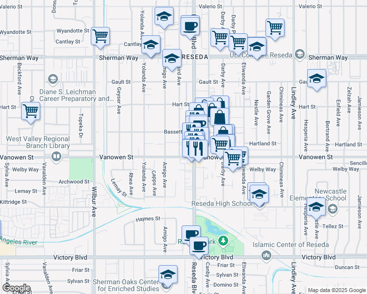 map of restaurants, bars, coffee shops, grocery stores, and more near 6809 Baird Avenue in Los Angeles