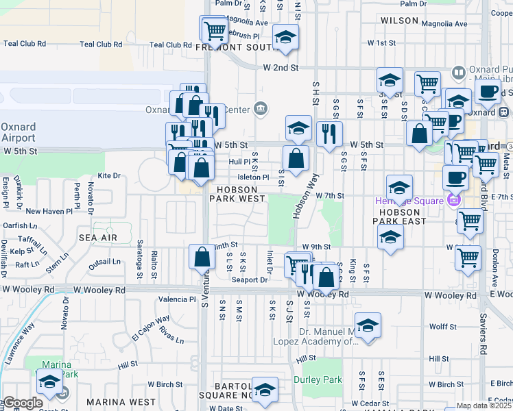 map of restaurants, bars, coffee shops, grocery stores, and more near 1130 Key West Court in Oxnard
