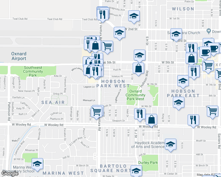 map of restaurants, bars, coffee shops, grocery stores, and more near 1238 Lost Point Lane in Oxnard