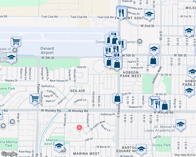 map of restaurants, bars, coffee shops, grocery stores, and more near 761 Pontoon Way in Oxnard