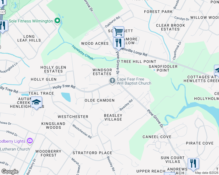 map of restaurants, bars, coffee shops, grocery stores, and more near 4817 Alida Place in Wilmington
