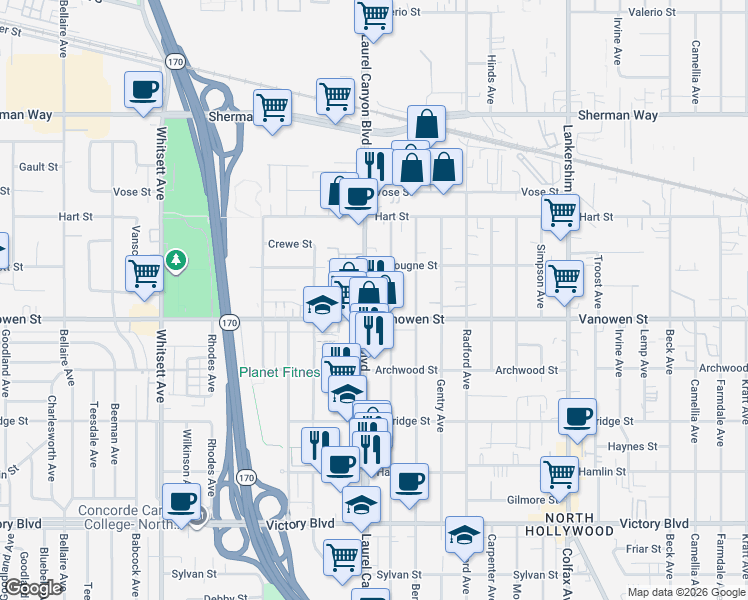 map of restaurants, bars, coffee shops, grocery stores, and more near in Los Angeles