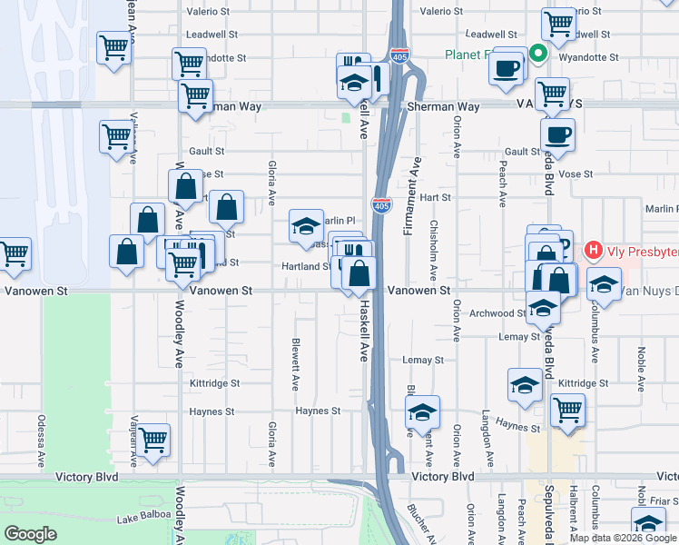 map of restaurants, bars, coffee shops, grocery stores, and more near 15727 Vanowen Street in Los Angeles