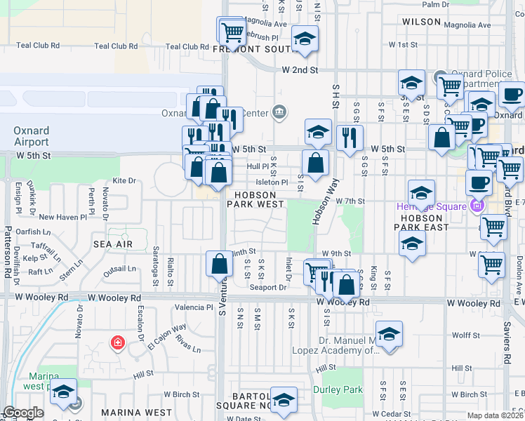 map of restaurants, bars, coffee shops, grocery stores, and more near 1238 Lost Point Lane in Oxnard