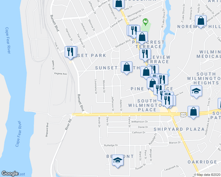 map of restaurants, bars, coffee shops, grocery stores, and more near 2406 Jefferson Street in Wilmington