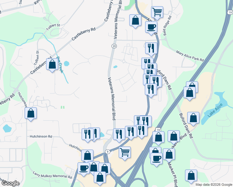 map of restaurants, bars, coffee shops, grocery stores, and more near 594 Veterans Memorial Boulevard in Cumming