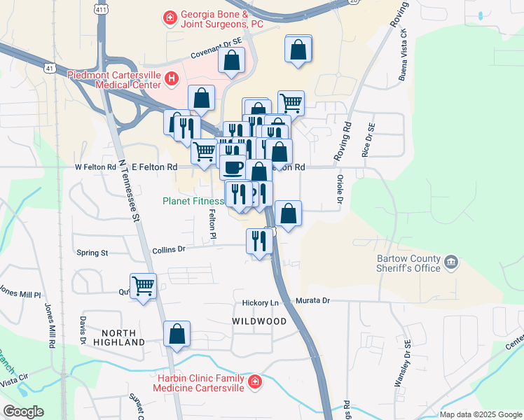 map of restaurants, bars, coffee shops, grocery stores, and more near 853 Joe Frank Harris Parkway Southeast in Cartersville