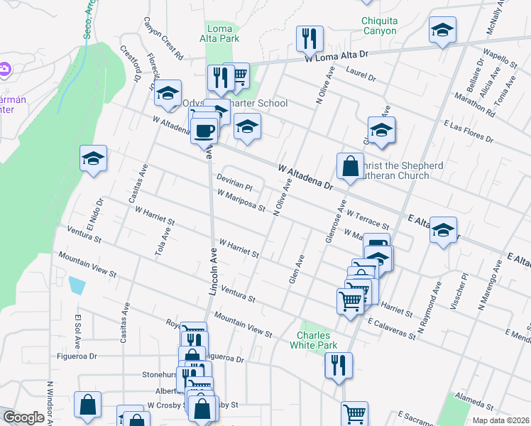 map of restaurants, bars, coffee shops, grocery stores, and more near 366 West Mariposa Street in Altadena