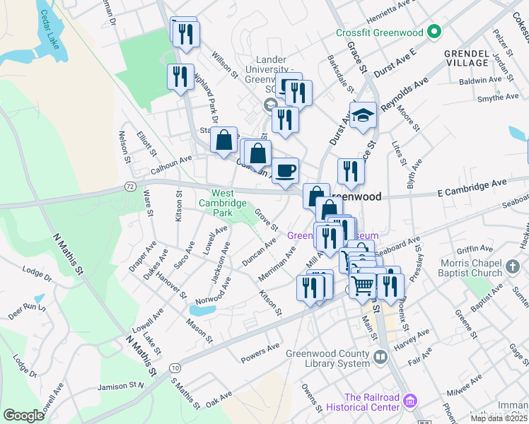 map of restaurants, bars, coffee shops, grocery stores, and more near 408 Grove Street in Greenwood
