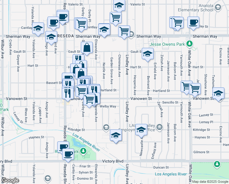 map of restaurants, bars, coffee shops, grocery stores, and more near 18148 Hartland Street in Los Angeles