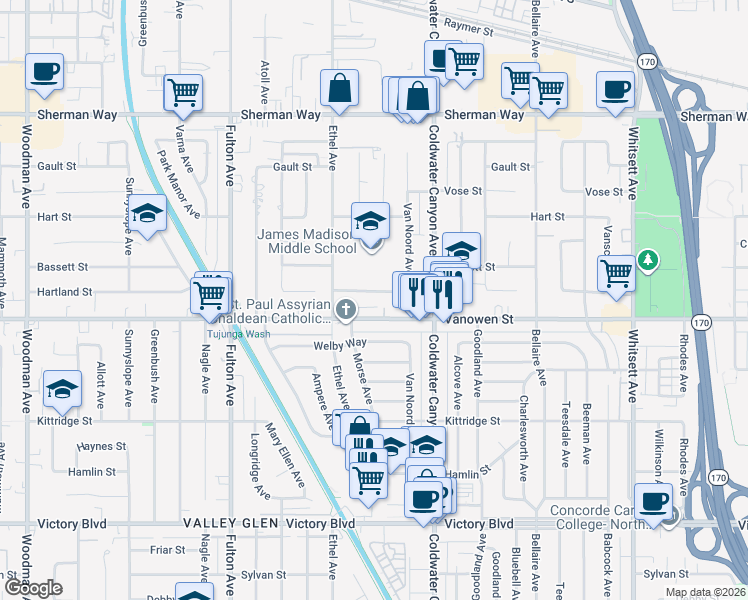 map of restaurants, bars, coffee shops, grocery stores, and more near 13010 Hartland Street in Los Angeles