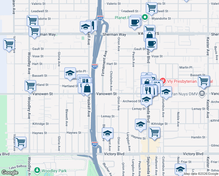 map of restaurants, bars, coffee shops, grocery stores, and more near 6819 Chisholm Avenue in Los Angeles