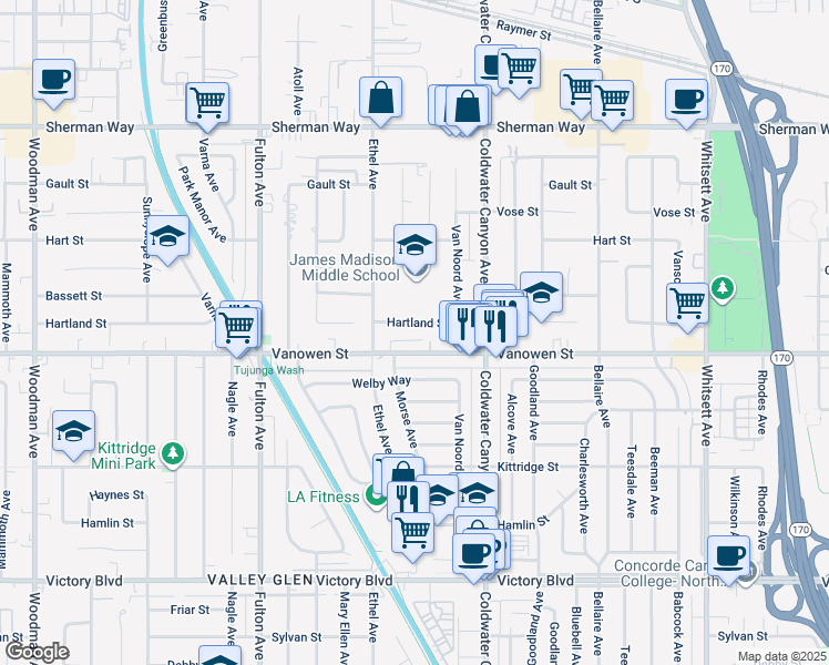 map of restaurants, bars, coffee shops, grocery stores, and more near 13002 1/2 Vanowen Street in Los Angeles