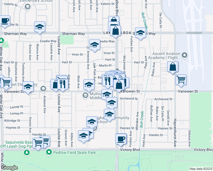 map of restaurants, bars, coffee shops, grocery stores, and more near 16938 Hartland Street in Los Angeles
