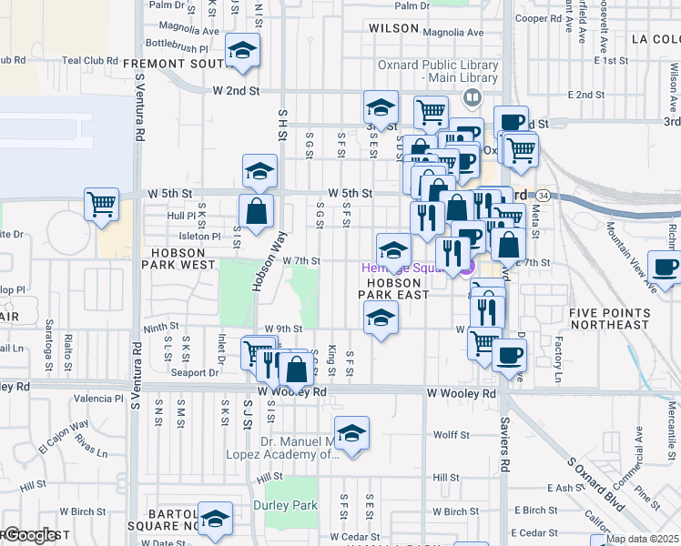map of restaurants, bars, coffee shops, grocery stores, and more near 721 South F Street in Oxnard