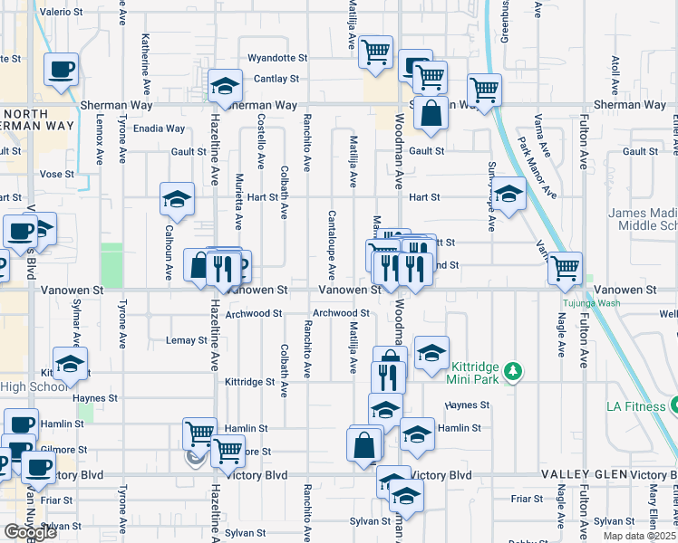 map of restaurants, bars, coffee shops, grocery stores, and more near 13809 Vanowen Street in Los Angeles