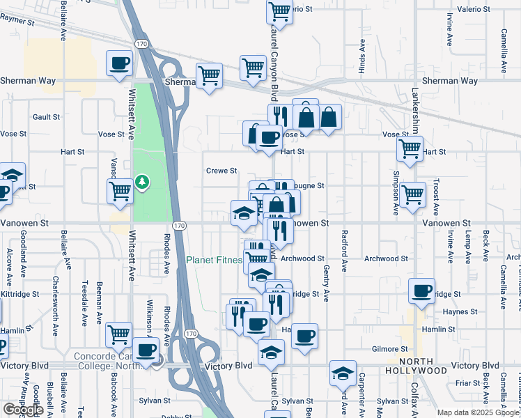 map of restaurants, bars, coffee shops, grocery stores, and more near 6822 Vantage Avenue in Los Angeles