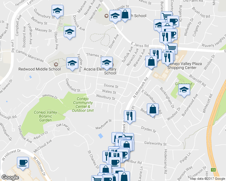 map of restaurants, bars, coffee shops, grocery stores, and more near 37 Wales Street in Thousand Oaks