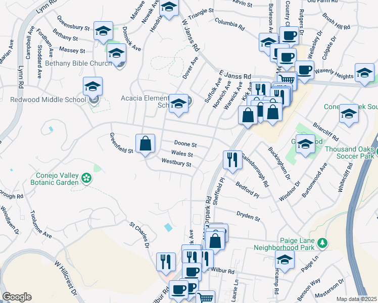 map of restaurants, bars, coffee shops, grocery stores, and more near 37 Wales Street in Thousand Oaks