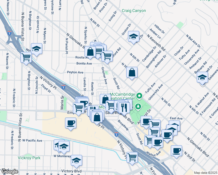map of restaurants, bars, coffee shops, grocery stores, and more near in Burbank