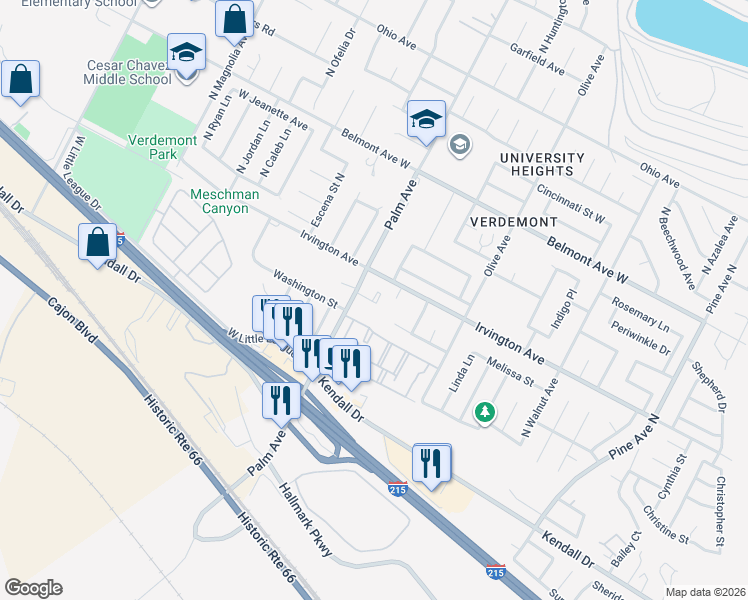 map of restaurants, bars, coffee shops, grocery stores, and more near 6245 Palm Avenue in San Bernardino