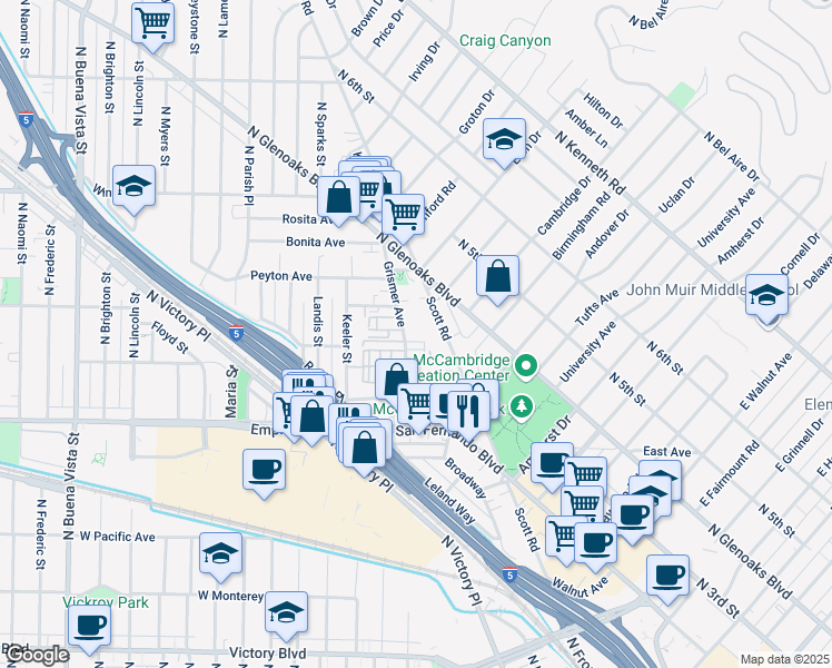 map of restaurants, bars, coffee shops, grocery stores, and more near 1806 Grismer Avenue in Burbank