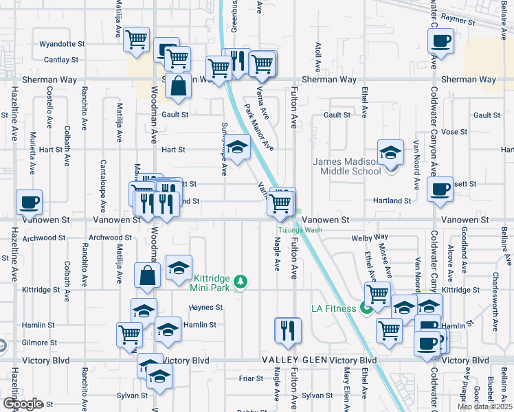 map of restaurants, bars, coffee shops, grocery stores, and more near 13417 Vanowen Street in Los Angeles