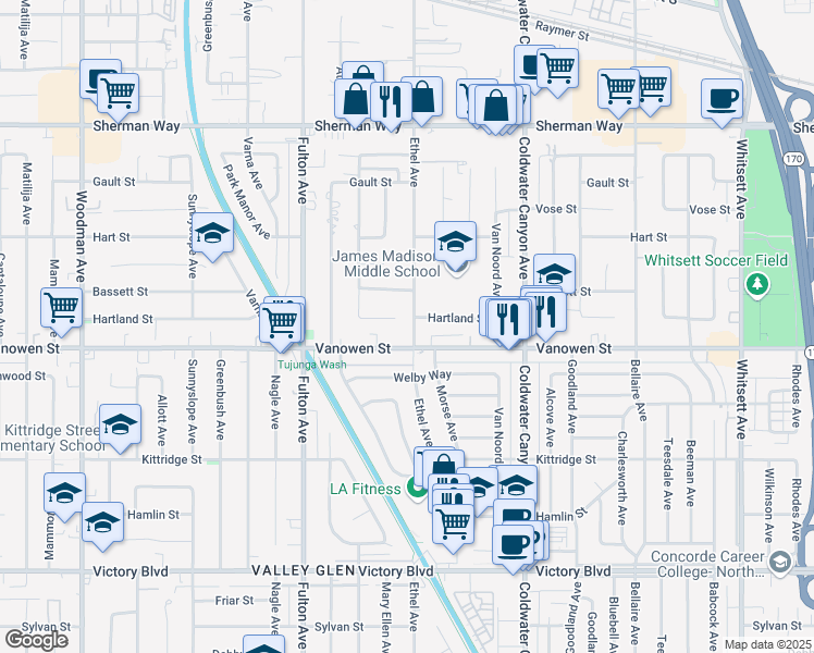 map of restaurants, bars, coffee shops, grocery stores, and more near 6825 Ethel Avenue in Los Angeles