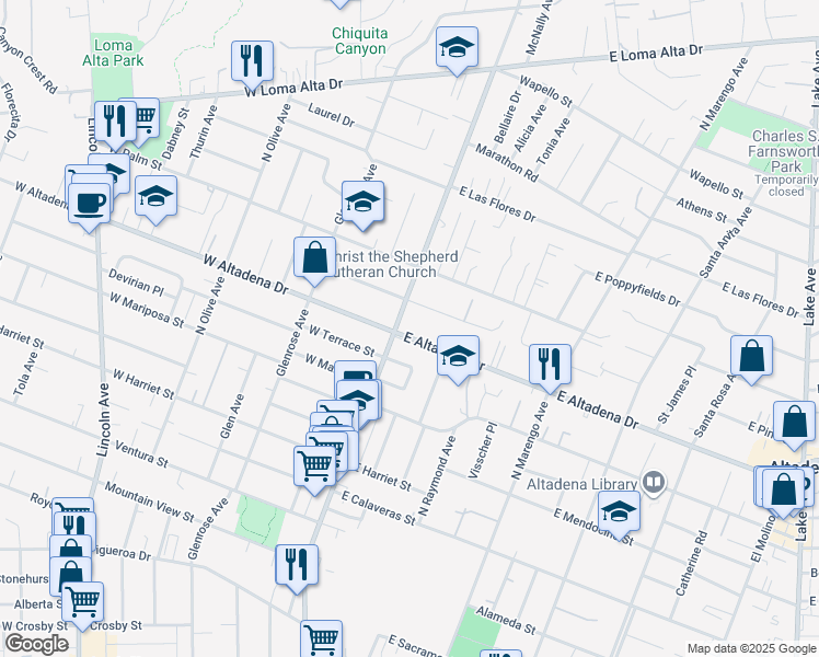 map of restaurants, bars, coffee shops, grocery stores, and more near 21 East Altadena Drive in Altadena