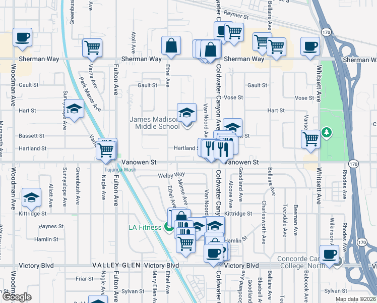 map of restaurants, bars, coffee shops, grocery stores, and more near 13010 Hartland Street in Los Angeles