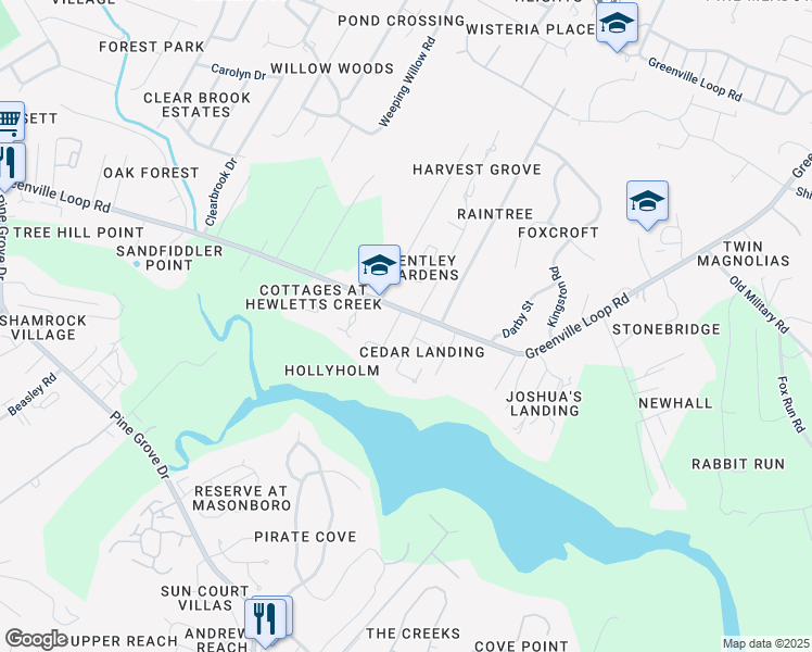 map of restaurants, bars, coffee shops, grocery stores, and more near 2505 Royal Palm Lane in Wilmington