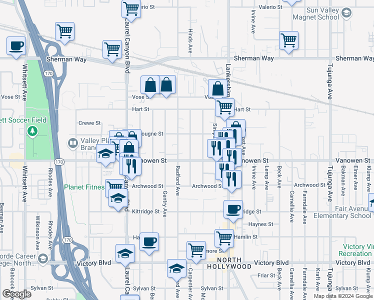 map of restaurants, bars, coffee shops, grocery stores, and more near 6819 Hinds Avenue in North Hollywood