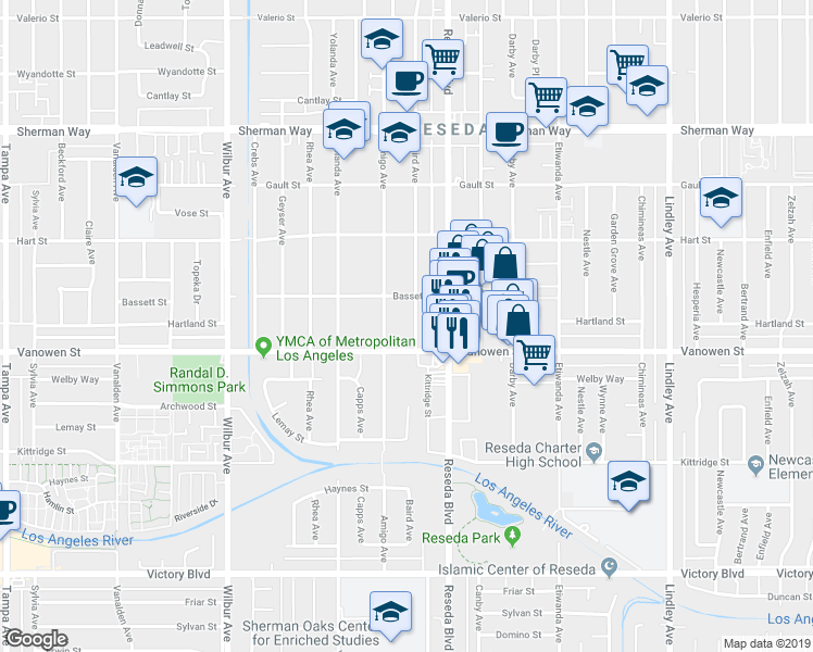 map of restaurants, bars, coffee shops, grocery stores, and more near 6825 Baird Avenue in Los Angeles