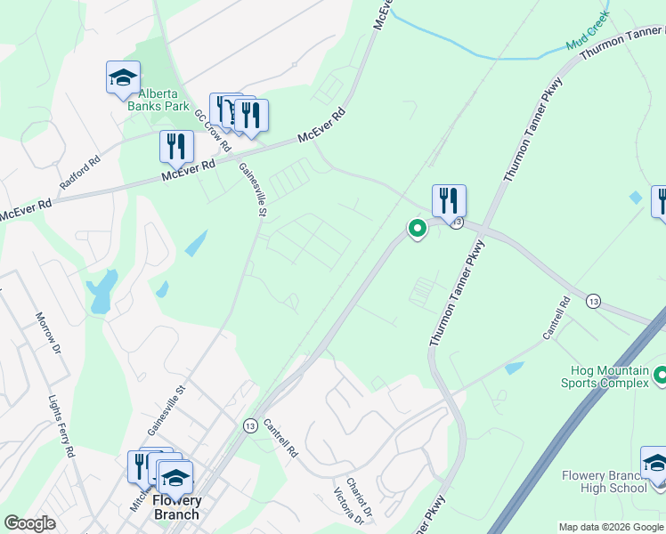 map of restaurants, bars, coffee shops, grocery stores, and more near 4704 Atlanta Highway in Flowery Branch