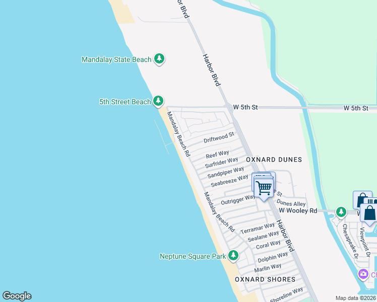 map of restaurants, bars, coffee shops, grocery stores, and more near 740 Mandalay Beach Road in Oxnard