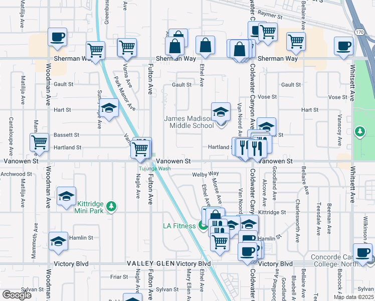 map of restaurants, bars, coffee shops, grocery stores, and more near 13132 Hartland Street in Los Angeles