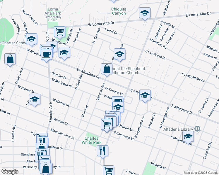 map of restaurants, bars, coffee shops, grocery stores, and more near 121 West Terrace Street in Altadena