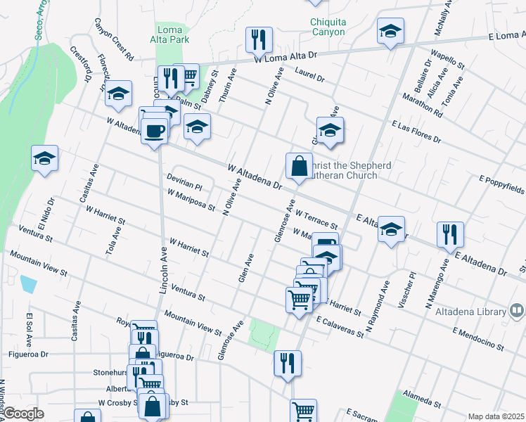 map of restaurants, bars, coffee shops, grocery stores, and more near 193 West Mariposa Street in Altadena