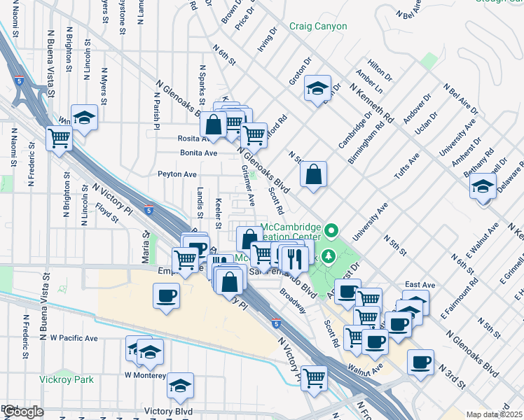 map of restaurants, bars, coffee shops, grocery stores, and more near 1711 Scott Road in Burbank