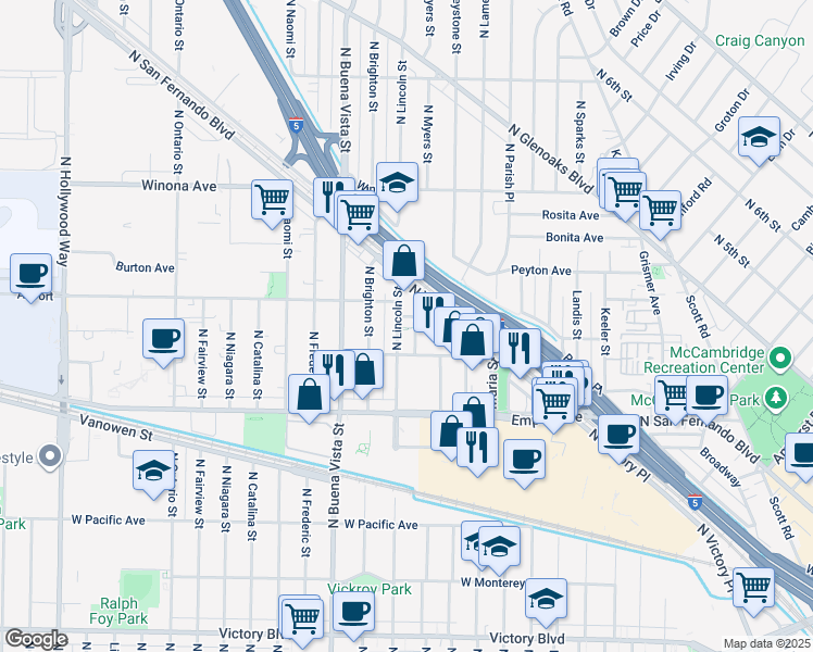 map of restaurants, bars, coffee shops, grocery stores, and more near 4 Jannetta Avenue in Burbank