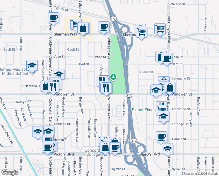 map of restaurants, bars, coffee shops, grocery stores, and more near in Los Angeles