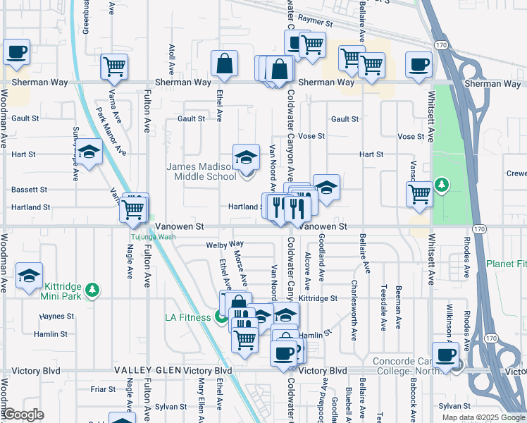 map of restaurants, bars, coffee shops, grocery stores, and more near 13002 1/2 Vanowen Street in Los Angeles