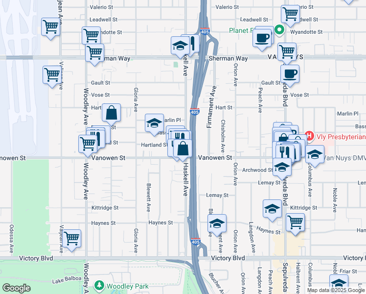 map of restaurants, bars, coffee shops, grocery stores, and more near 15707 1/2 Vanowen Street in Los Angeles