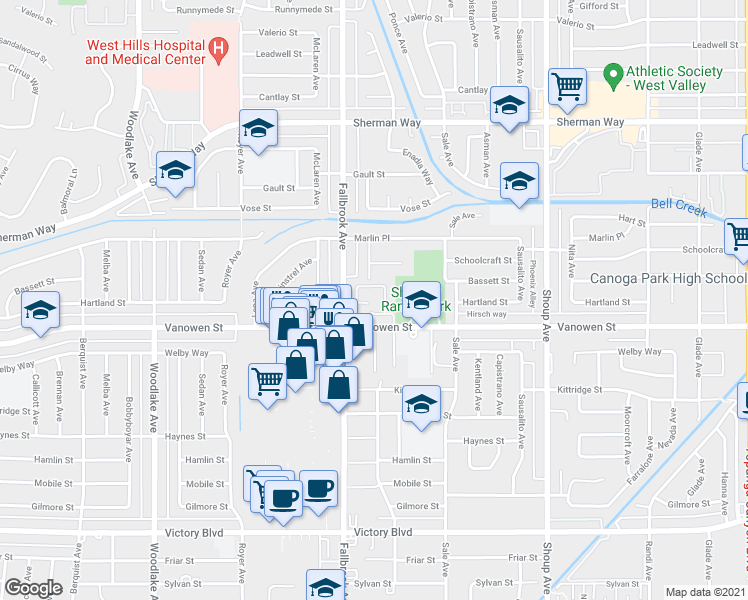 map of restaurants, bars, coffee shops, grocery stores, and more near 6759 Vicky Avenue in Los Angeles