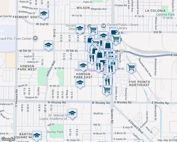 map of restaurants, bars, coffee shops, grocery stores, and more near 749 South B Street in Oxnard